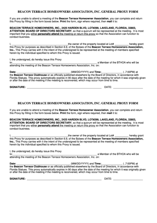 General Proxy Form - Beacon Terrace Hoa Printable pdf