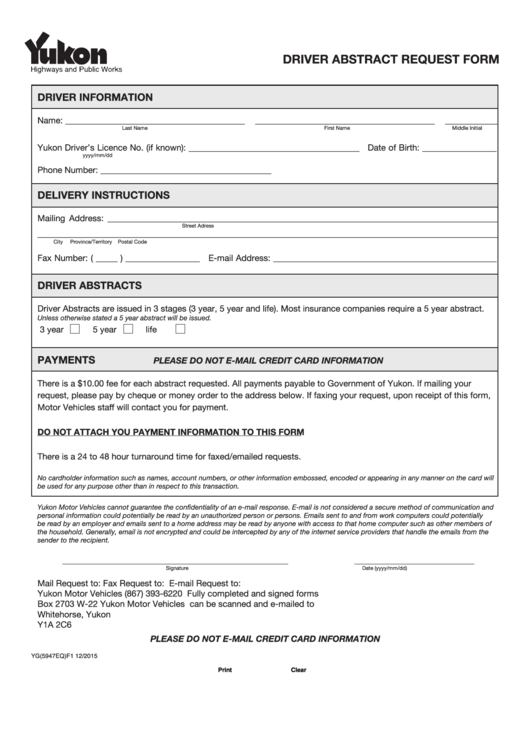 Fillable Driver Abstract Request Form -Yukon Motor Vehicles Printable pdf