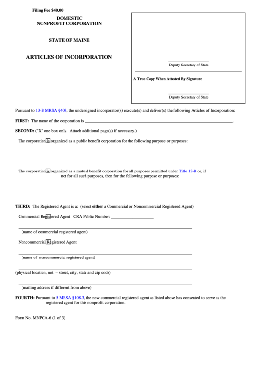 Fillable Form Mnpca-6 - Domestic Nonprofit Corporation - Articles Of Incorporation - 2008 Printable pdf