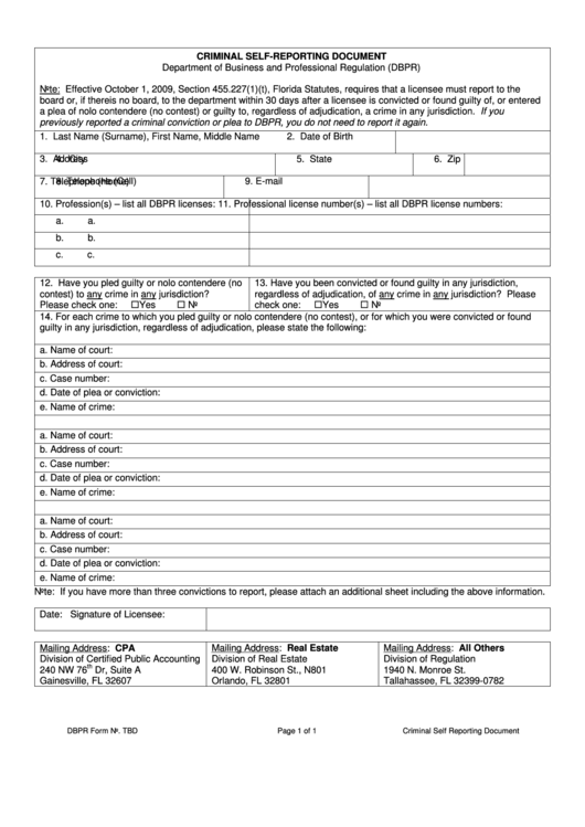 Fillable Criminal Self-Reporting Document Template - Department Of Business And Professional Regulation (Dbpr) Printable pdf