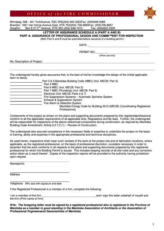 Letter Of Assurance Schedule A (Part A And B) Form - Office Of The Fire Commissioner Printable pdf
