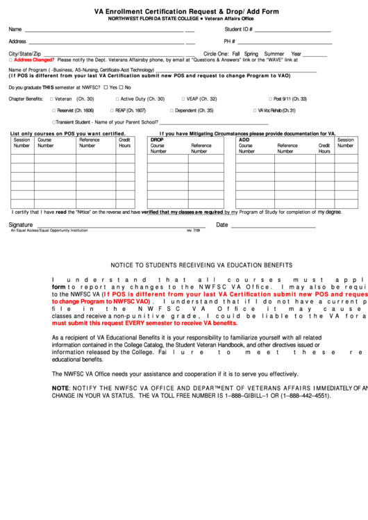 Va Enrollment Certification Request & Drop/add Form Printable pdf