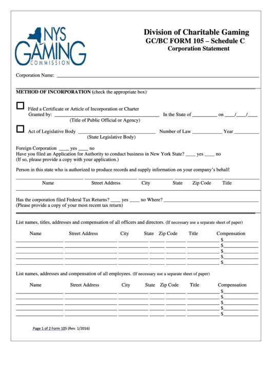 Gc/bc Form 105 - Schedule C - Corporation Statement - Nys Gaming Commission - Division Of Charitable Gaming Printable pdf