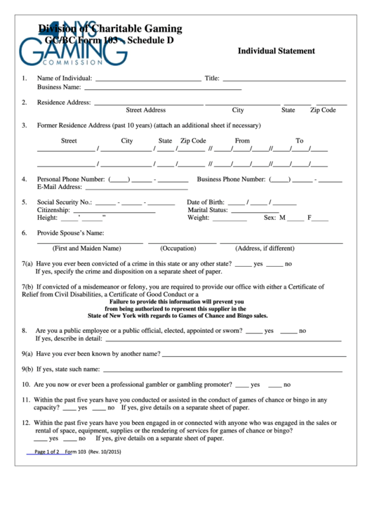 Gc/bc Form 103 Schedule D - Individual Statement Printable pdf