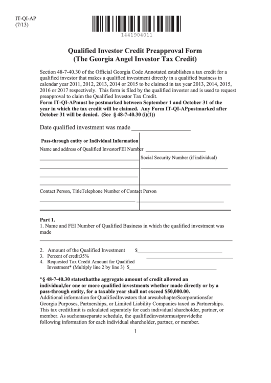 Fillable Form It-Qi-Ap - Qualified Investor Credit Preapproval Form Printable pdf