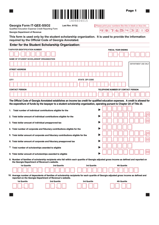 Fillable Georgia Form It-Qee-Sso2 - Qualified Education Expense Credit Reporting Form Printable pdf