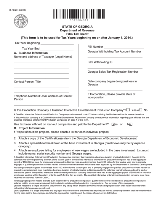Fillable Form It-Fc - Film Tax Credit - 2014 Printable pdf