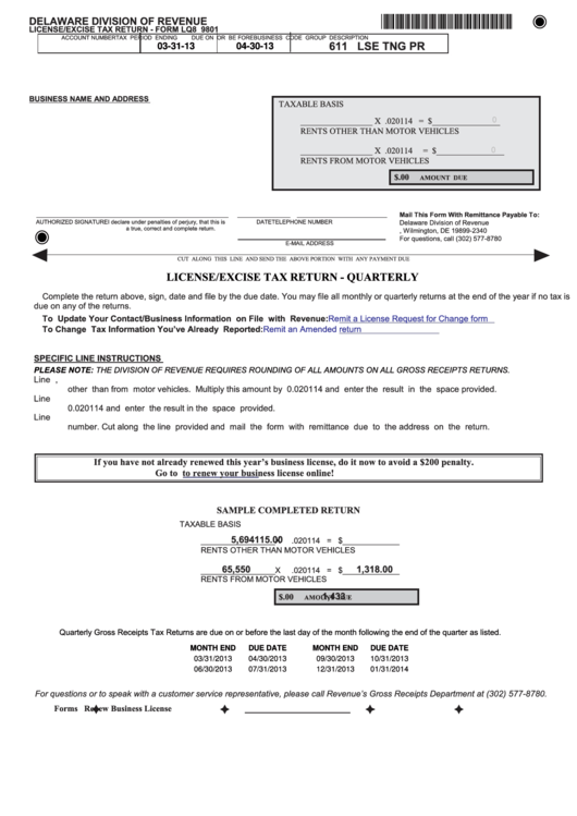 Fillable Form Lq8 9801 - License/excise Tax Return - Delaware Division Of Revenue Printable pdf