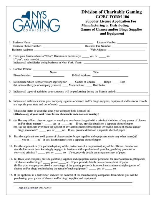 Gc/bc Form 106 - Application For Games Of Chance And/or Bingo Supplier