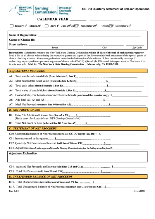 Form Gc-7q - Quarterly Statement Of Bell Jar Operations - Nys Gaming Commission - Division Of Charitable Gaming Printable pdf