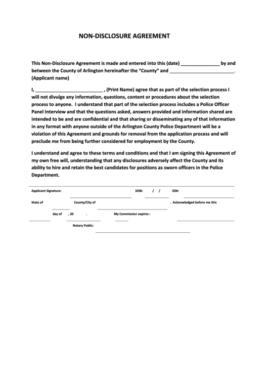 Non-Disclosure Agreement Form - Arlington County Police Department Printable pdf