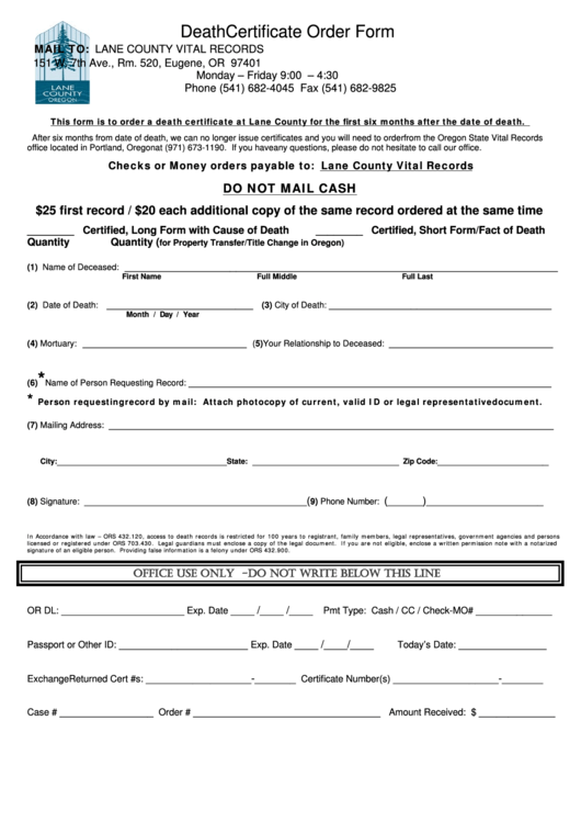 Death Certificate Order Form - Lane County Vital Records Printable pdf