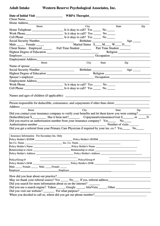 Adult Patient Intake Form Printable pdf
