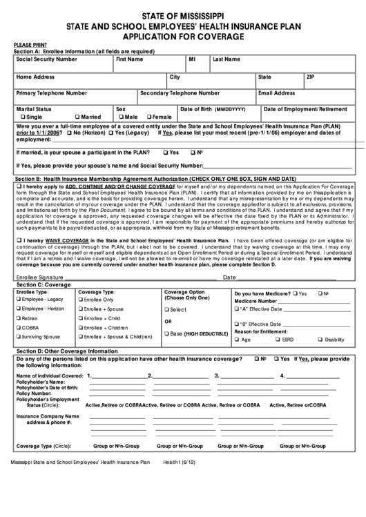 Application For Coverage Form - Mississippi State And School Employees