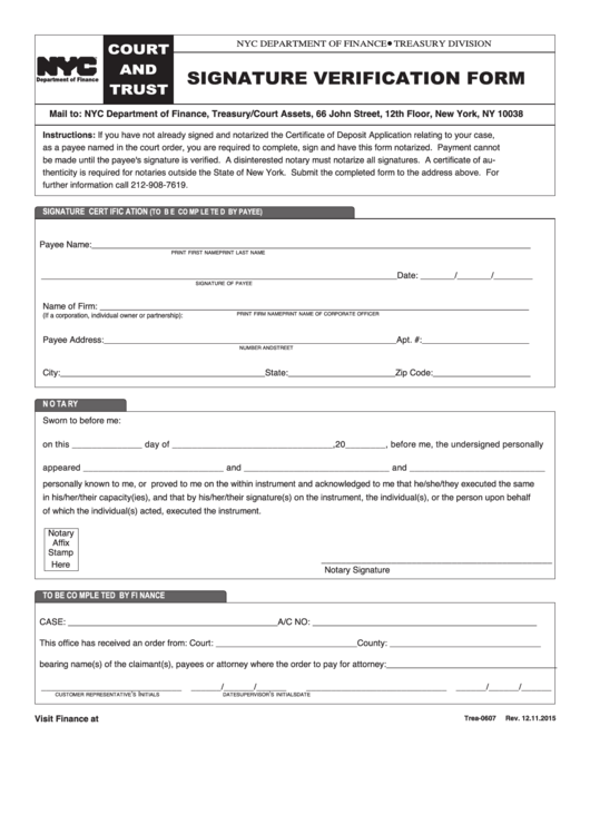 Form Trea-0607 - Signature Verification Form - Nyc Department Of Finance Printable pdf