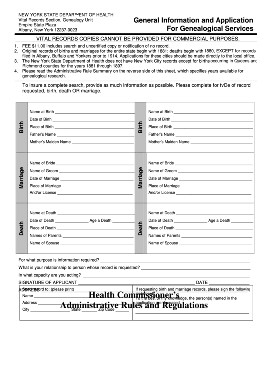 Fillable Form Doh-1562 - General Information And Application For Genealogical Services Printable pdf
