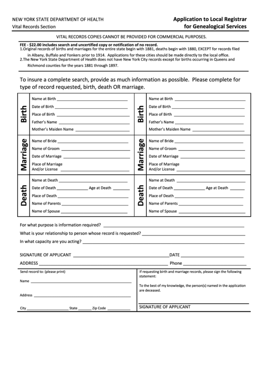 Fillable Application To Local Registrar For Genealogical Services Form - New York State Department Of Health Printable pdf