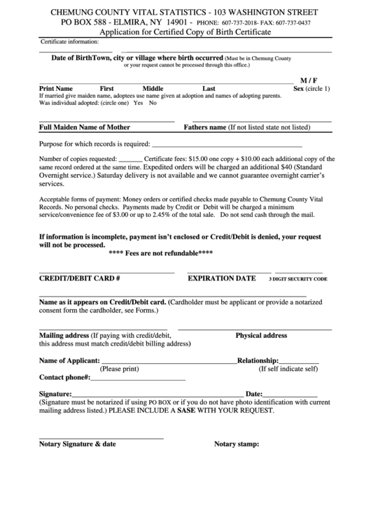 Application For Certified Copy Of Birth Certificate - Elmira, Ny Printable pdf