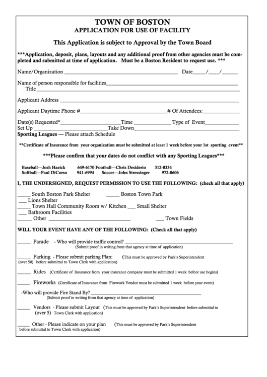 Application For Use Of Facilityform - Town Of Boston Printable pdf