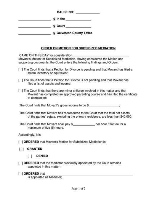 Order On Motion For Subsidized Mediation Form - Galveston County Printable pdf