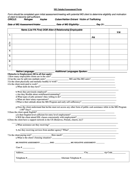 Fillable Mg Intake Assessment Form Printable pdf