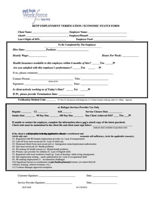 Fillable Form Dcf-Exh - Retp Employment Verification / Economic Status Form Printable pdf