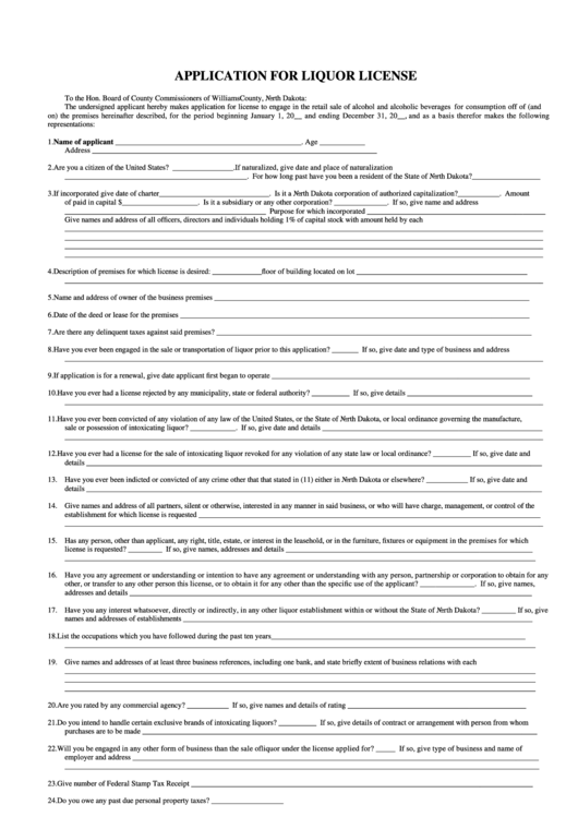 Application For Liquor License Form - Board Of County Commissioners Of Williams County Printable pdf