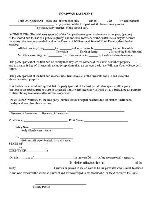 Roadway Easement Form - Williams County Printable pdf