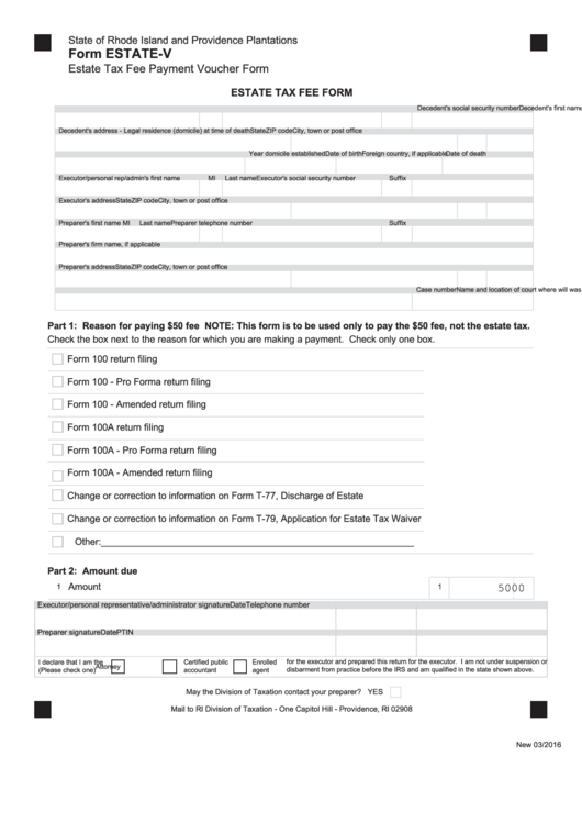 Fillable Form Estate-V - Estate Tax Fee Payment Voucher Form Printable pdf