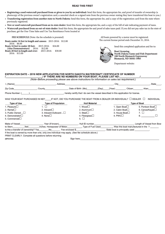Form Sfn-6102 - Application For North Dakota Watercraft Certificate Of Number Printable pdf