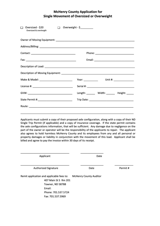 Fillable Single Movement Of Oversized Or Overweight Application Form - Mchenry County Auditor Printable pdf