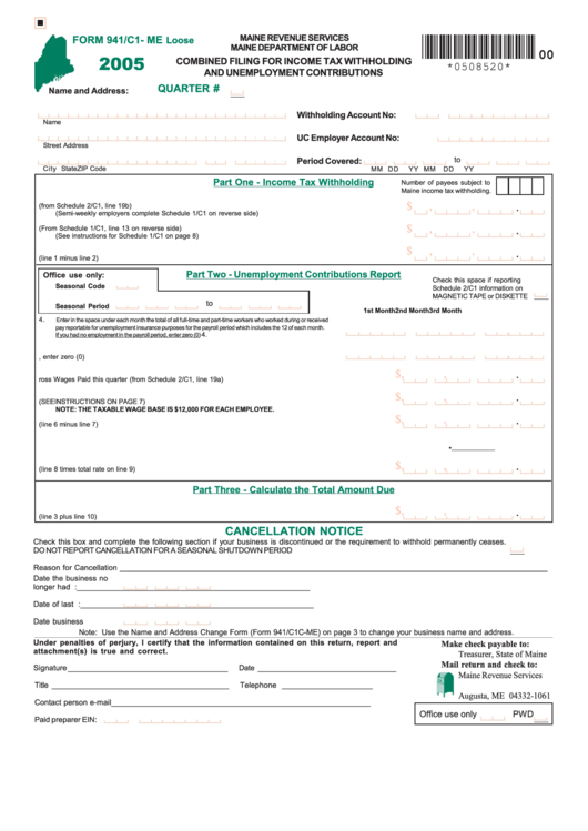 Form 941/c1- Me Loose - Combined Filing For Income Tax Withholding And Unemployment Contributions - 2005 Printable pdf