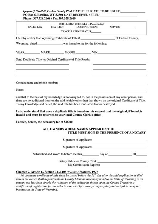 Certificate Duplicate Request Form - Carbon County Clerk Printable pdf