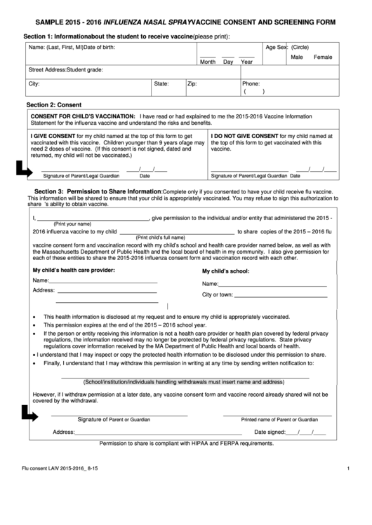 Sample 2015 - 2016 Influenza Nasal Spray Vaccine Consent And Screening Form