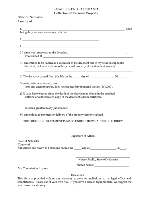 Small Estate Affidavit: Collection Of Personal Property Form Printable pdf