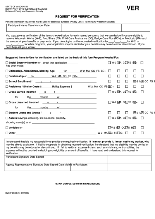 Form Dwsp-2303 - Request For Verification - Wisconsin Department Of Children And Families Printable pdf