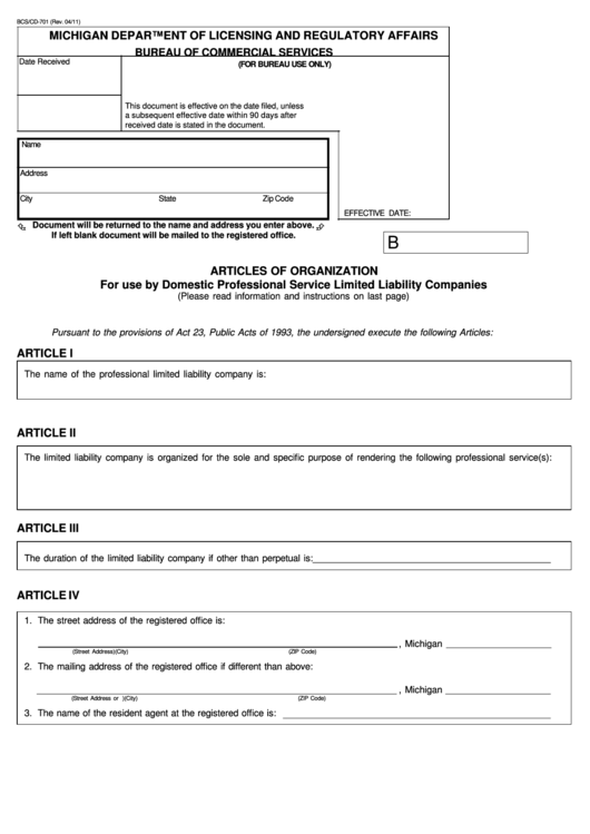 Fillable Form Bcs/cd-701 - Articles Of Organization For Use By Domestic Professional Service Limited Liability Companies - 2011 Printable pdf
