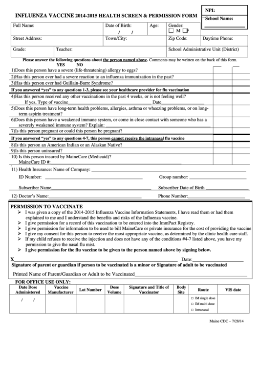Influenza Vaccine 2014-2015 Health Screen & Permission Form Printable pdf