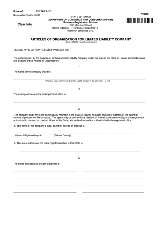 Fillable Form Llc-1 - Articles Of Organization For Limited Liability Company Printable pdf