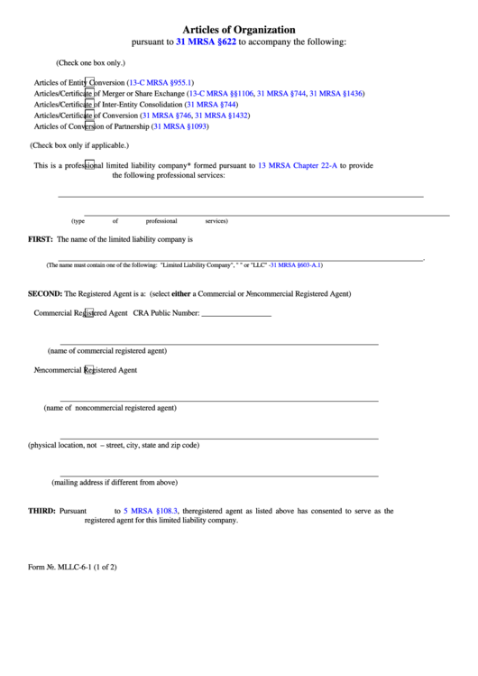 Fillable Form Mllc-6-1 - Articles Of Organization (2008) Printable pdf