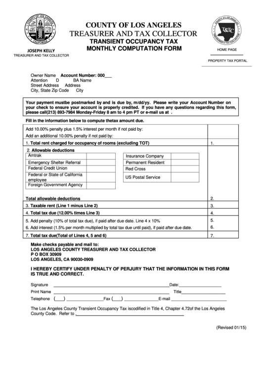 Fillable Transient Occupancy Tax Monthly Computation Form - Los Angeles County Treasurer And Tax Collector Printable pdf