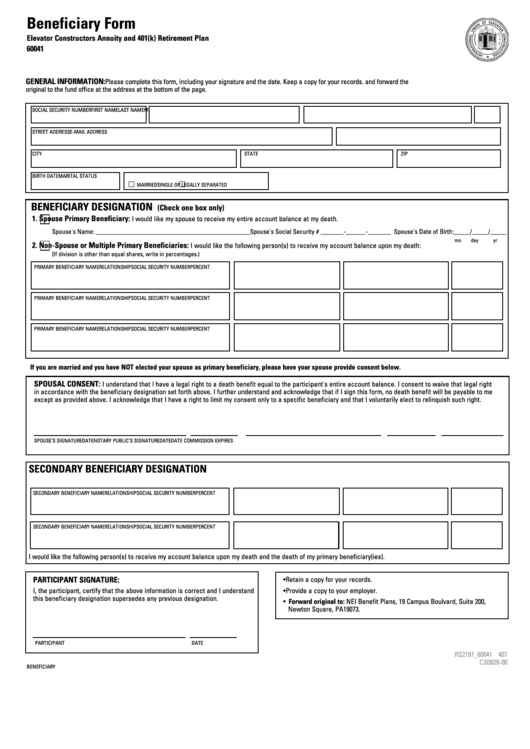 Beneficiary Form - Elevator Constructors Annuity And 401(K) Retirement Plan Printable pdf