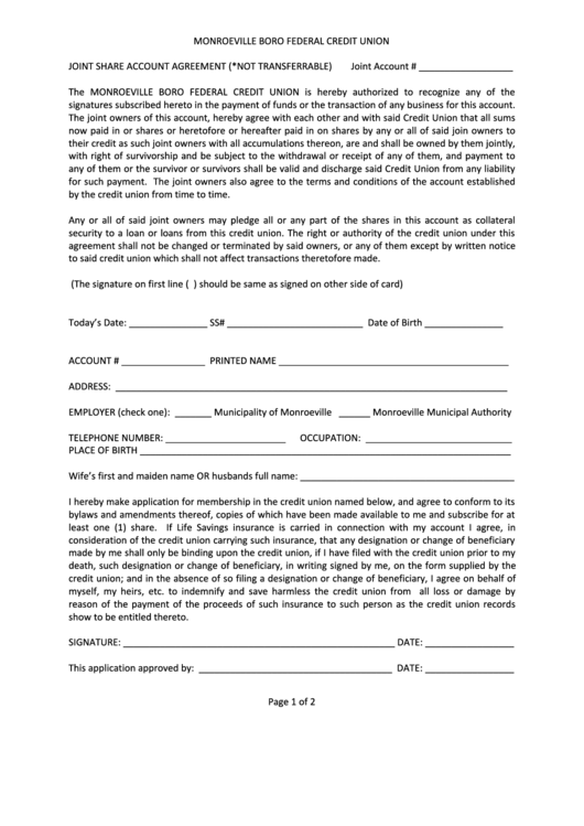 Joint Share Account Agreement Form Printable pdf