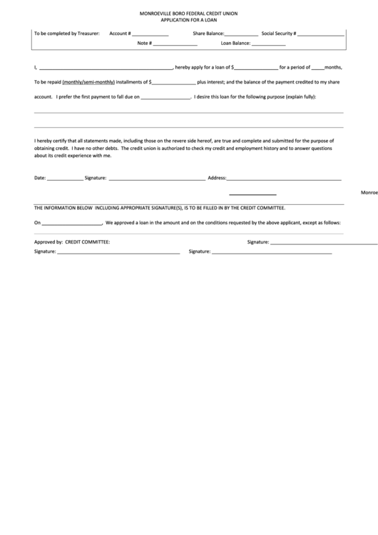 Credit Union Loan Application Form Printable pdf