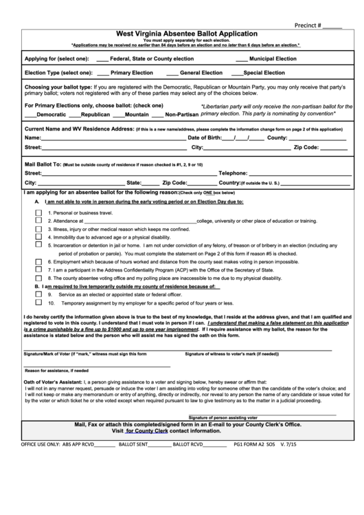 Form A2 Sos - West Virginia Absentee Ballot Application Printable pdf