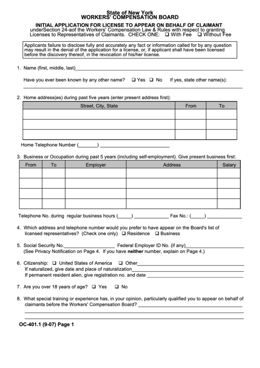 Form Oc-401.1 - Initial Application For License To Appear On Behalf Of Claimant Printable pdf