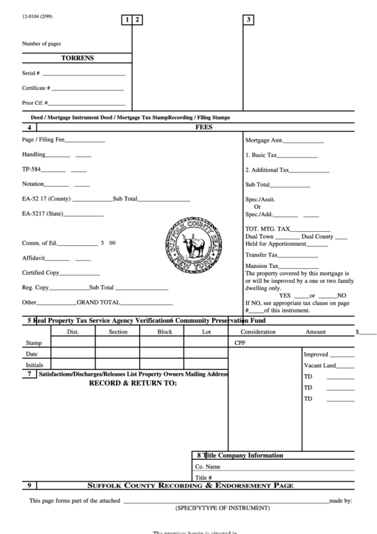 Fillable Form 12-0104 - Mortgage - Suffolk County Printable pdf
