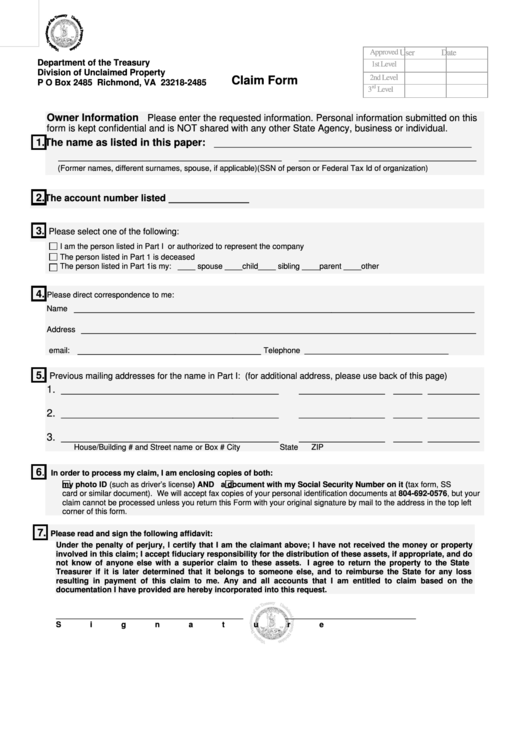 Fillable Claim Form - Virginia Department Of The Treasury Printable pdf