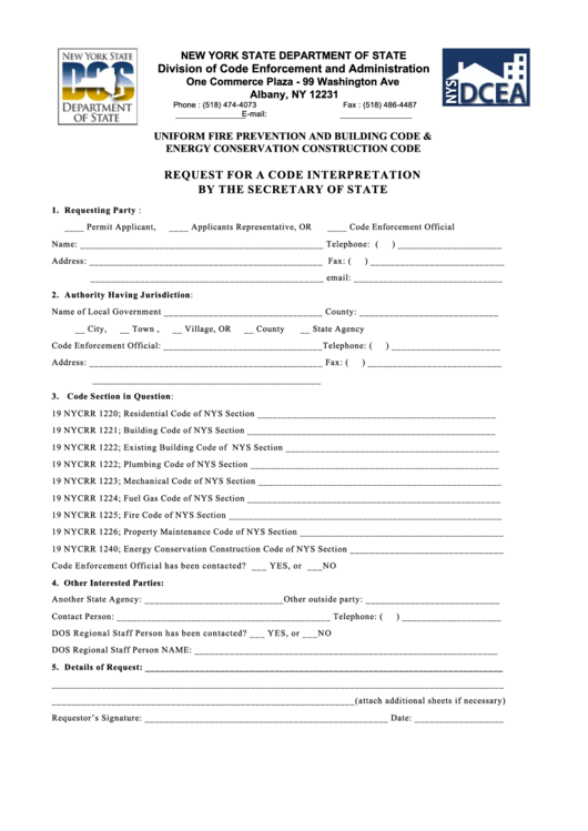 Request For A Code Interpretation By The Secretary Of State Form Printable pdf