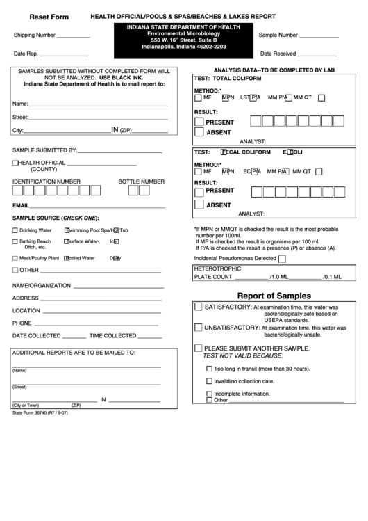 Fillable Form 36740 - Health Official/pools & Spas/beaches & Lakes Report Printable pdf